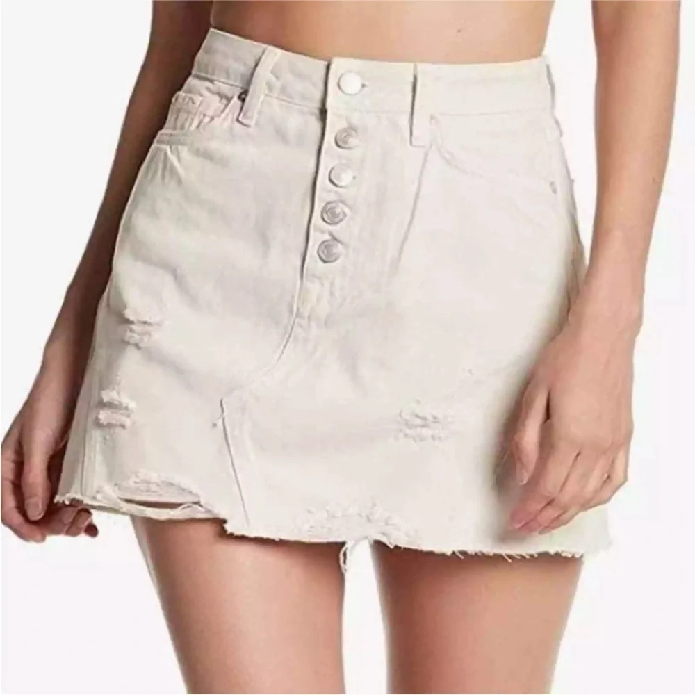 We the Free Distressed Denim Front Buttons Boho Mini Skirt Cream Off White 27